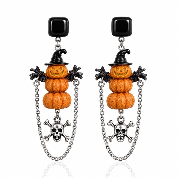 Zara Jewelry - Halloween Pumpkin Stack Dangle Earrings with Skull Charm - Orange & Black